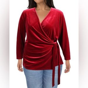 ANNE KLEIN WOMENS RED VELOUR SIDE TIE BLOUSE WRAP TOP 2X
